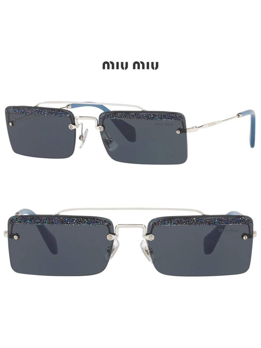 MIU MIU SOCIETE SMU59T KJT-2K1 SILVER BLUE GLITTER SQUARE SUNGLASSES. 58 mm